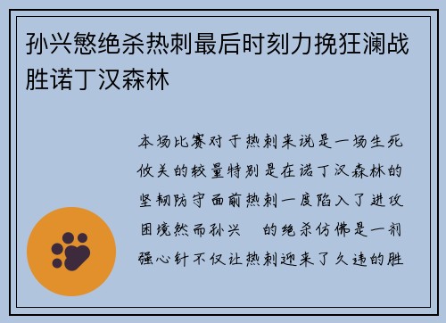 孙兴慜绝杀热刺最后时刻力挽狂澜战胜诺丁汉森林